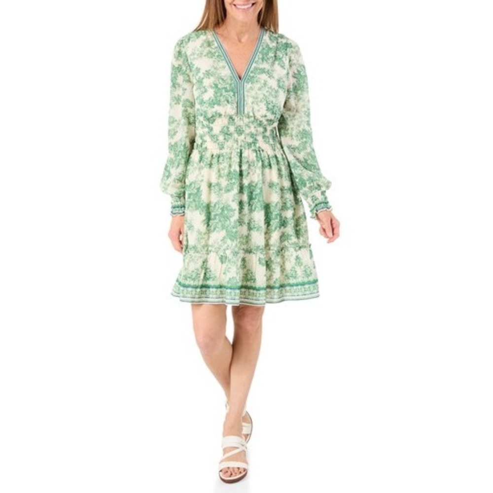 Max Studio London‎ Green Floral Toile Smocked Mini Dress XL